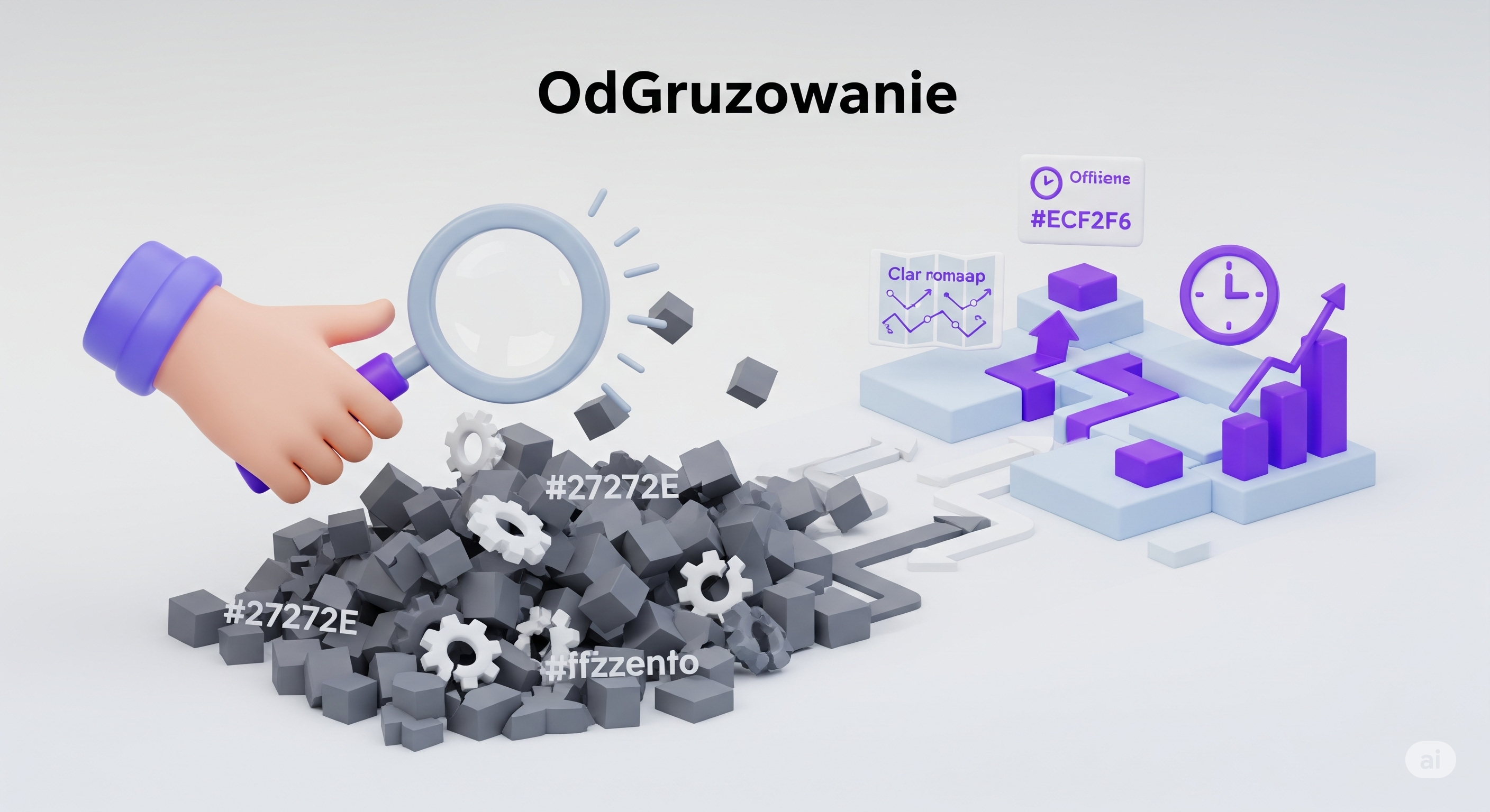 Trójwymiarowa grafika przedstawiająca transformację przedsiębiorcy z chaosu operacyjnego (ciemne ikony zadań, przytłoczona postać) do strategicznej klarowności i wzrostu