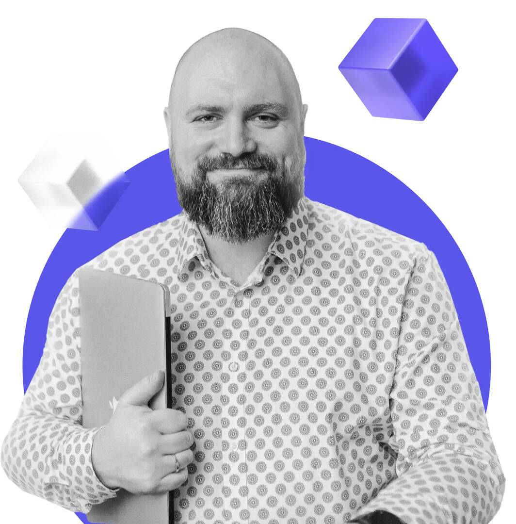 Trójwymiarowa grafika przedstawiająca transformację w rozwoju produktu: od chaosu i braku kierunku (zamglone znaki zapytania, splątane puzzle) do klarownej wizji i sukcesu rynkowego