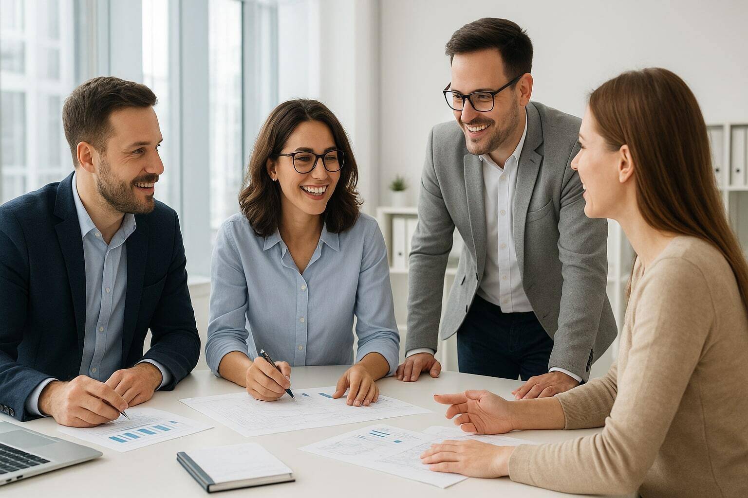 Zespół konsultantów Magnuso pracujący z klientem w atmosferze partnerskiej współpracy – ilustracja do artykułu o podejściu konkretnym zamiast teorii