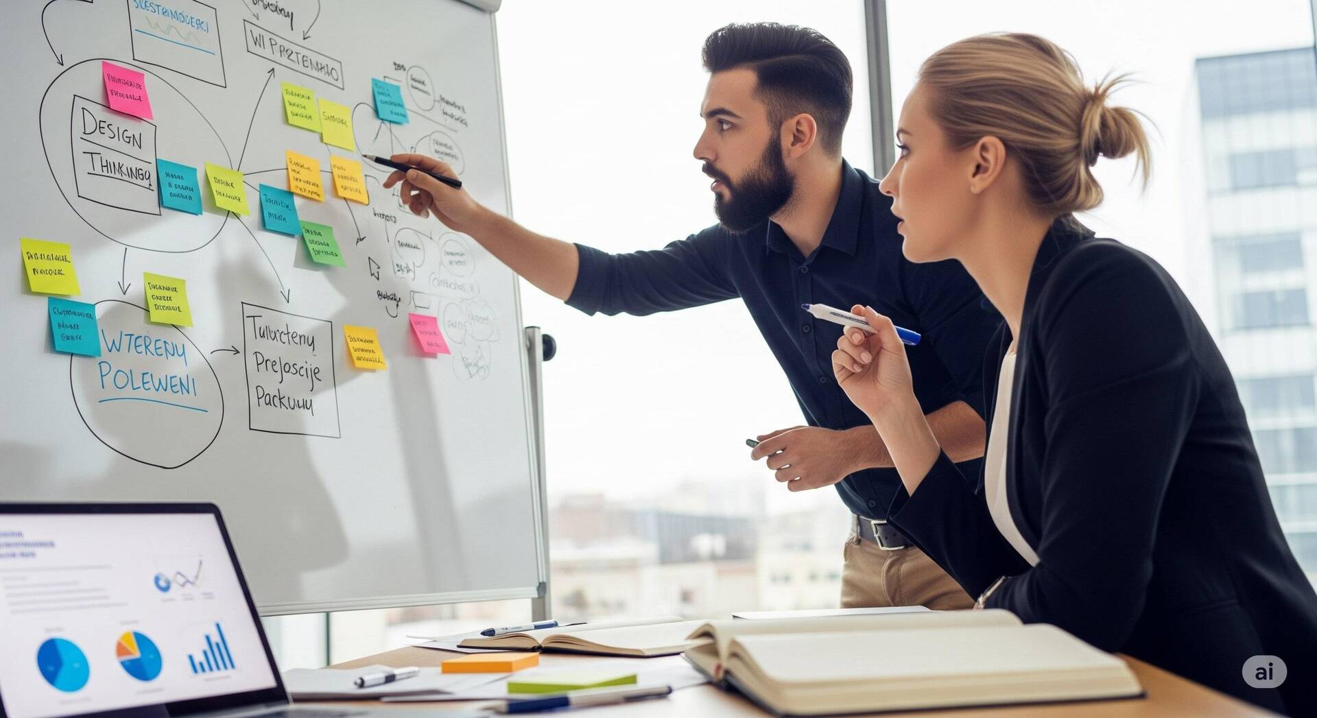 Dwoje ludzi podczas sesji design thinking, aktywnie pracuje nad rozwiązaniem problemu biznesowego, korzystając z białej tablicy z notatkami i laptopa w nowoczesnej sali konferencyjnej.